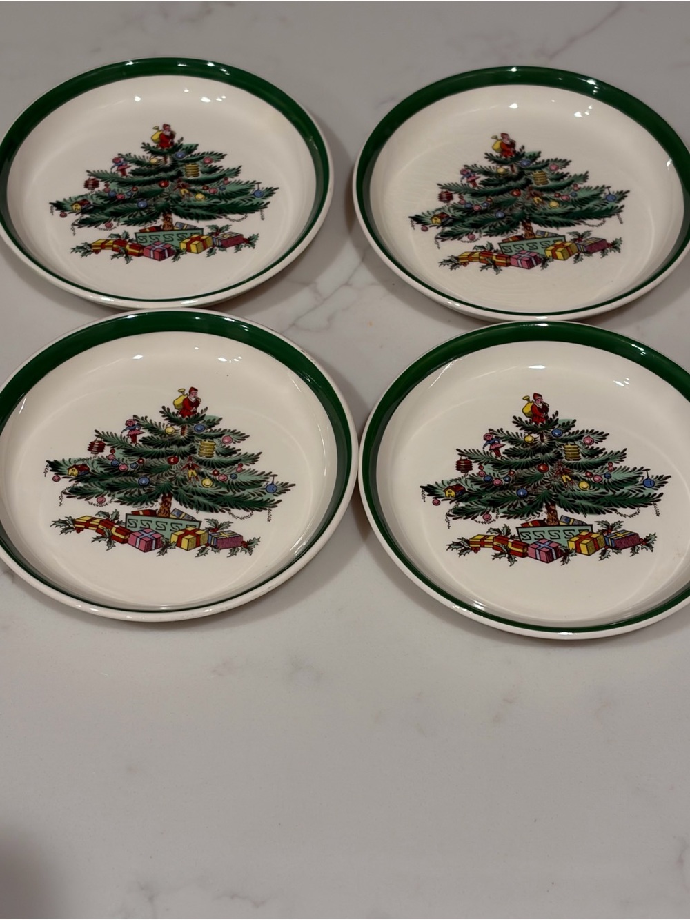 SPODE: Christmas Tree Ceramic Butter Plates/ Coasters- Green Trim (Set of 4)